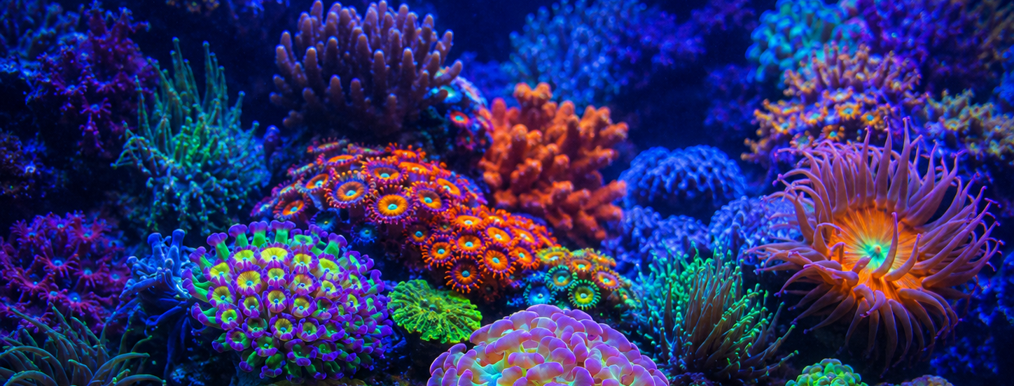Aquário marinho com corais coloridos